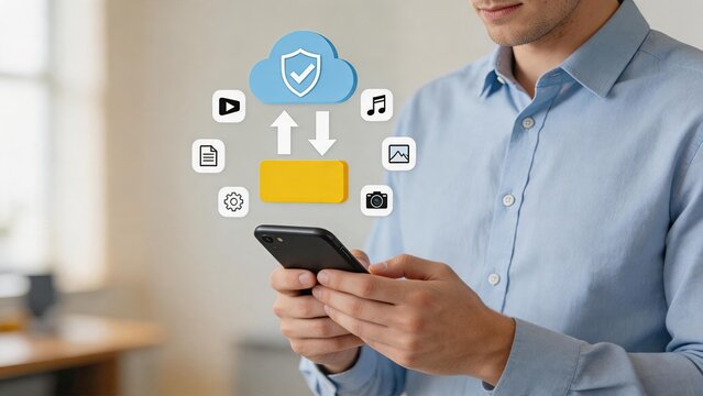 Person holding smartphone with cloud storage sync icon and multimedia files, mobile data backup and online file sharing technology concept