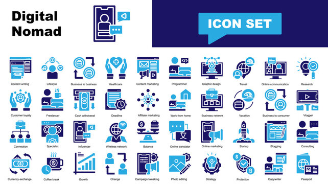 Digital Nomad icon set. Vector icons for Content writing, Lifestyle, Business to business, Content marketing, Programmer, Graphic design, Traveling, Online communication, Research, Customer loyalty, F