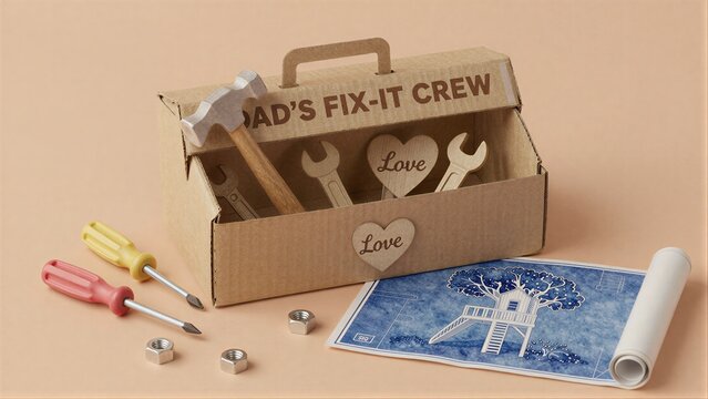Dad's Fix-It Crew toolbox with love hearts treehouse blueprint and