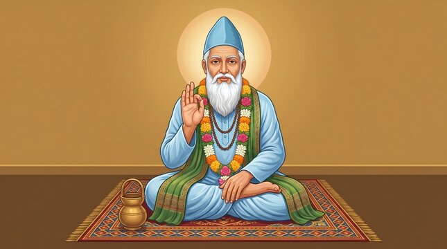 Saint kabir das seated in lotus position with floral garland and brass water pot on ornate rug sant kabirdas