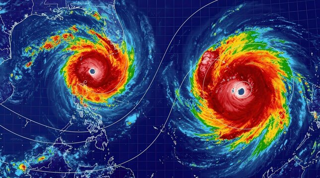 Satellite image showing two intense hurricanes with well-defined eyes, swirling over the ocean on a weather map grid.
