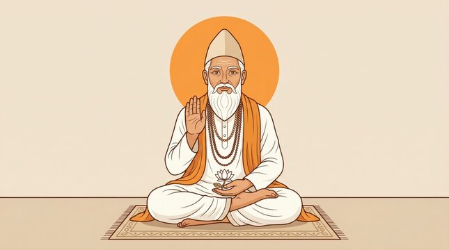 Saint kabir das sitting in meditation pose with lotus flower in minimalist flat style sant kabirdas