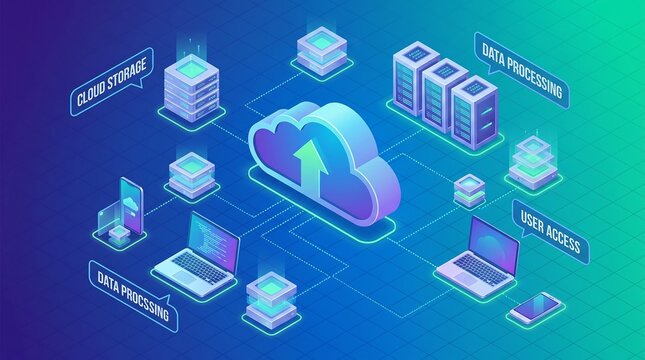 A vibrant isometric 3D concept showing a central cloud with an upload arrow, representing data synchronization across multiple servers, laptops, and mobile devices in a secure network