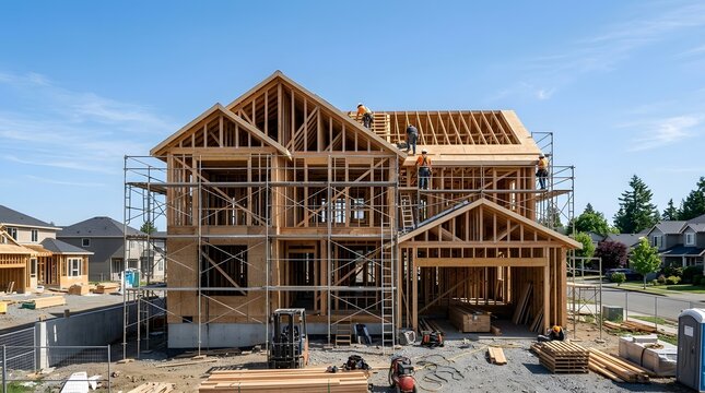 New Residential Home Under Construction Featuring Wood Framing, Scaffolding, and Workers on the Roof
