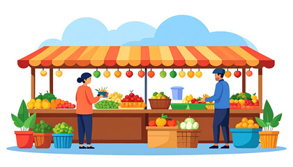 Obraz premium Pixel art illustration of a vibrant outdoor market stall selling fresh fruits and vegetables with two people shopping on a sunny day