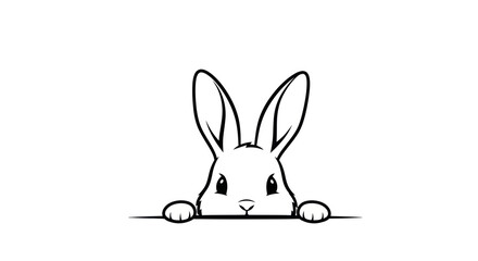 Fototapeta premium Cute Bunny Peeking Over Edge, Simple Line Art, White Background