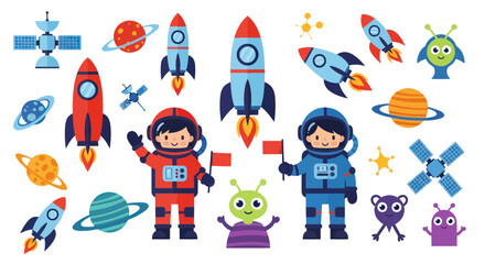 Cute Astronauts, Rockets, Aliens and Planets - Space Exploration Illustration © tanung