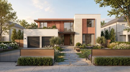 Fototapeta premium Modern house with garden and fence in suburban neighborhood on sunny day