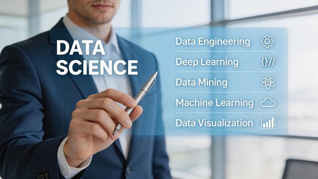 Data science menu list featuring engineering deep learning mining machine learning and visualization icons, professional man selecting analytics options for big data processing
