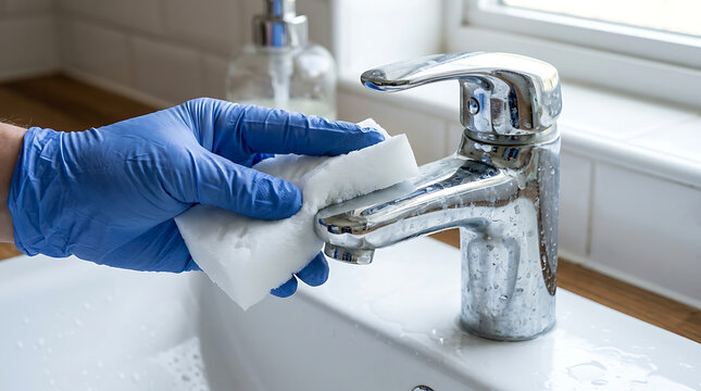 Detailed shot of a person wearing blue gloves cleaning a metallic faucet in a bathroom with cleaning bathroom sanitation maintenance scrubbing plumbing housework disinfecting domestic