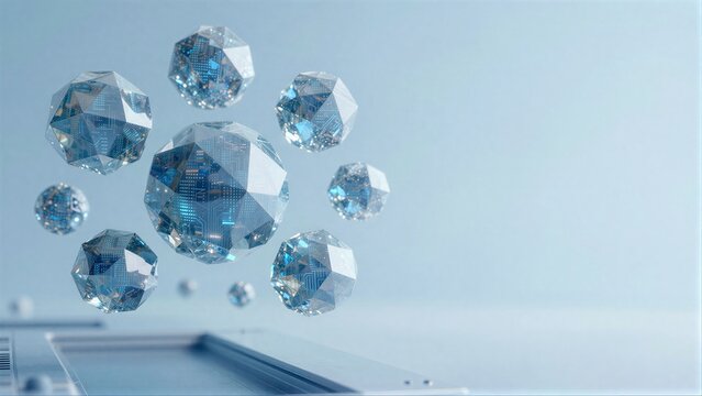 Floating blue crystal spheres with circuit patterns futuristic tech