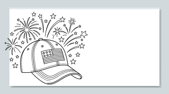 Outline drawing of a baseball cap with American flag and fireworks.