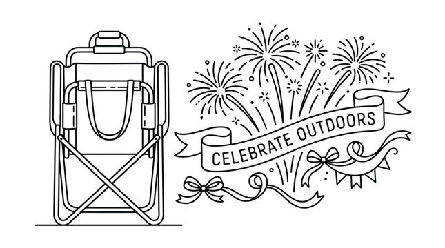 Outline illustration of a portable camping chair with festive fireworks and celebrate outdoors lettering.