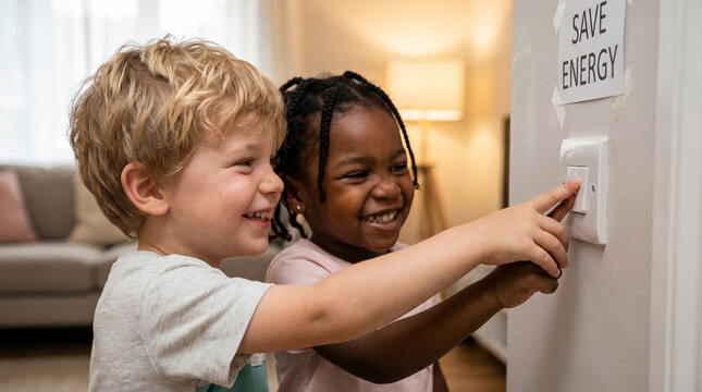 World Environment Day diverse children turning off light switch celebrating environmental education sustainability energy conservation teamwork volunteer activity green future promotional campaign