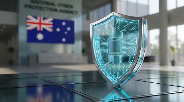 A futuristic blue shield with a circuit board pattern stands on a glass floor in front of a blurred Australian government building interior with a large flag and windows.