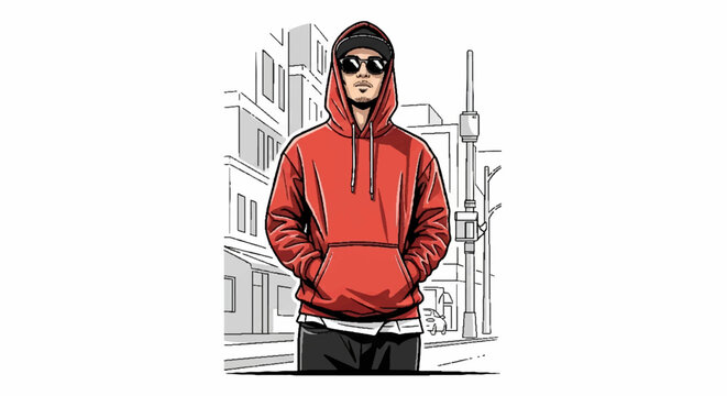 Cool Man in Red Hoodie and Sunglasses Standing on City Street