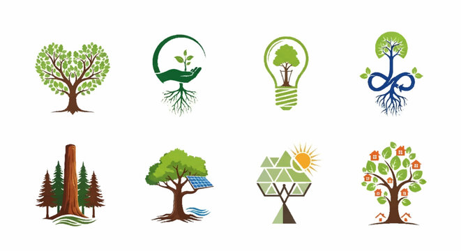 Eco-Friendly Tree Logos: Nature, Sustainability, Growth, Renewable Energy & Environment Icons