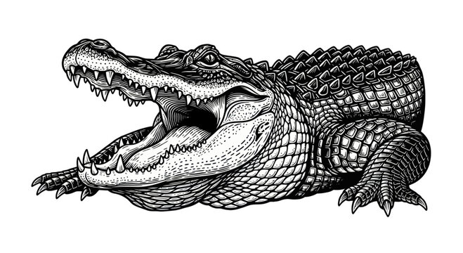 Alligator with open mouth, detailed illustration, black and white drawing