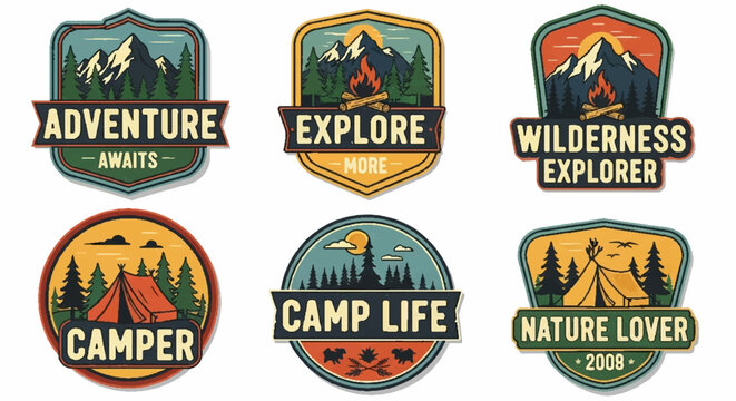 Vintage Adventure Camping Badges: Mountains, Forests, Tents, Campfires & Outdoor Exploration