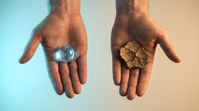 Hands displaying a water droplet and dry cracked earth with displaying resource scarcity abundance contrast hydration