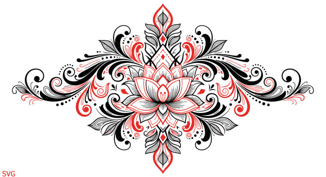 Intricate Lotus Mandala Design, Ornamental Symmetry, Black Red White
