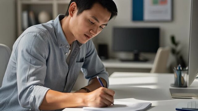 Young professional writing in notebook inspired by sunlight focused moment creative workspace