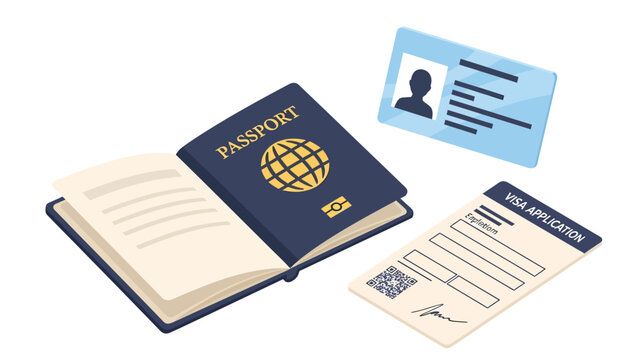 Set of travel documents including an open passport, visa application form, and identification card.