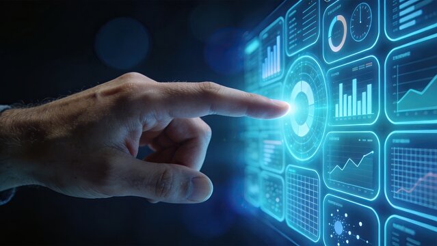 Hand touching futuristic digital interface screen, holographic data analytics dashboard with glowing charts and graphs, business technology concept, virtual reality information