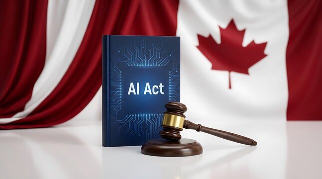A gavel rests beside an AI Act book in front of a Canadian flag backdrop.