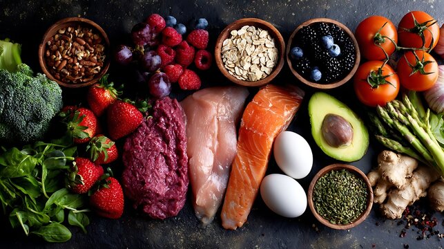Balanced Diet Ingredients with Fish, Meat and Produce / 魚、肉、野菜がバランスよく並んだヘルシー食材グリッド