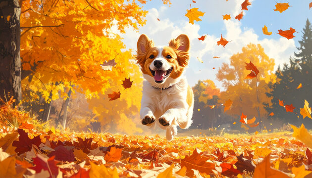 Little dogs playing in autumn