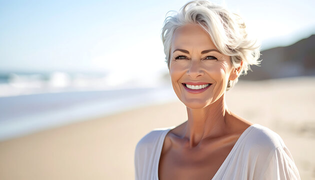 Smiling mature woman with short grey hair, joyful expression, standing on a sandy beach with ocean waves in background, enjoying summer vacation, healthy aging concept