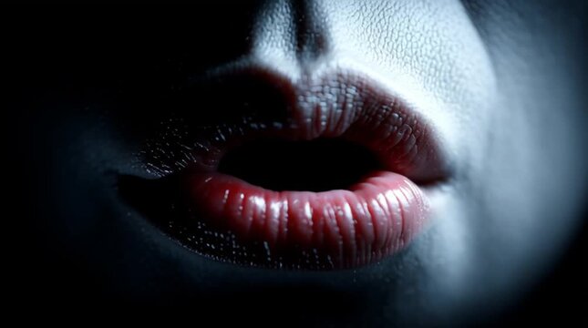 A close-up video of a vampire's mouth with sharp fangs in a dark setting