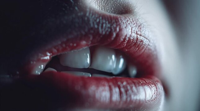 A close-up video of a person's mouth with fangs, showcasing a spooky and mysterious atmosphere