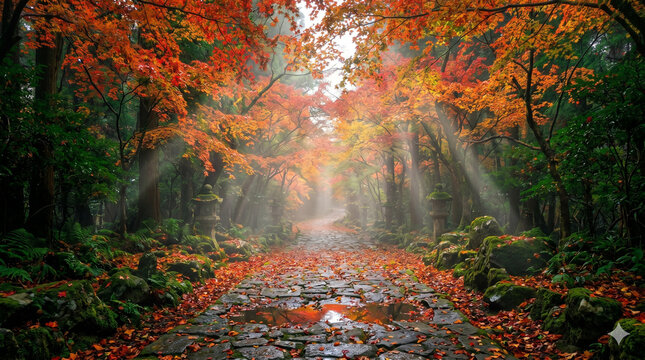 Ancient stone path through vibrant autumn forest with morning mist and golden light rays in Japan