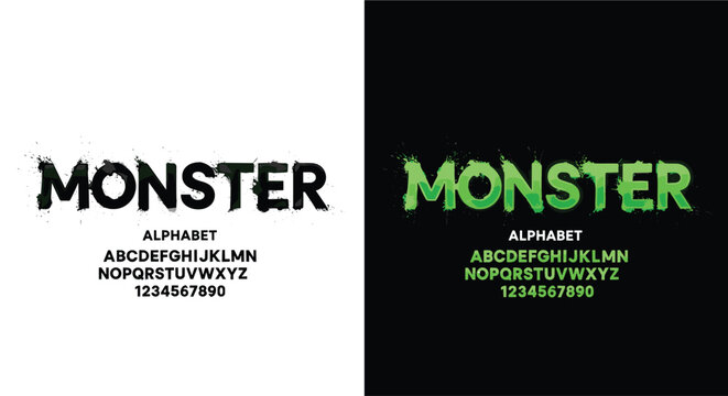 Monster font with alphabet and numbers black and green color variations