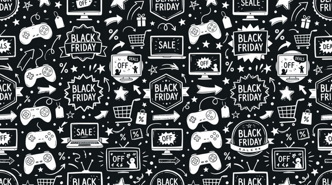 Monochrome seamless shopping and sale pattern with retail icons and electronics.