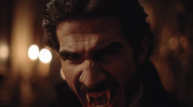 A vampire with fangs is shown in a dark and spooky room with candles lit in the background in this video.