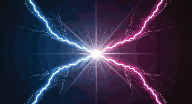 Electric arcs colliding vector illustration with blue and pink lightning bolts