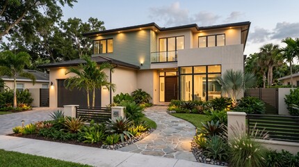 Obraz premium A well-lit modern house with palm trees and a winding driveway at dusk.