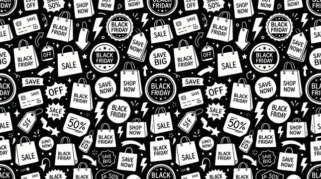 Seamless pattern of Black Friday sale tags and stickers for retail promotions.