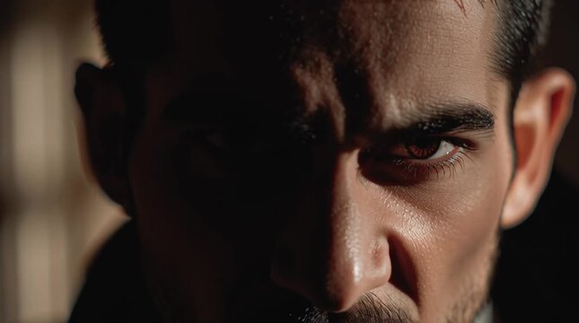 A close-up video of a vampire with fangs and blood on his lips in a dark setting