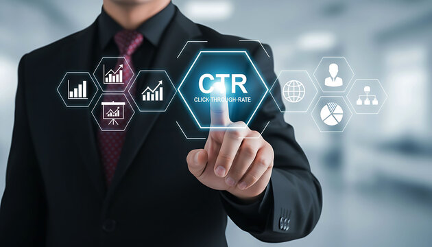 Businessman pointing at CTR click through rate virtual screen for marketing data