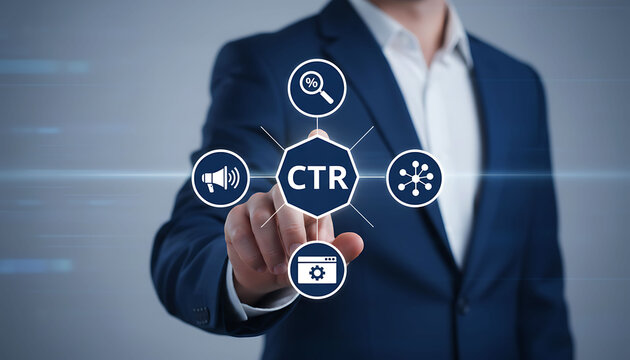 Businessman touching CTR icon for digital marketing and click through rate analysis