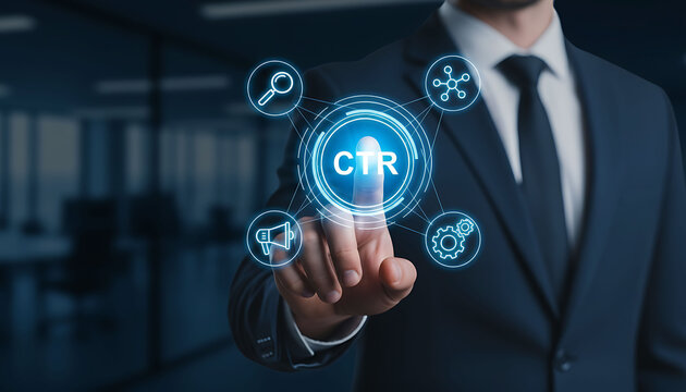 Businessman touching a digital interface screen with a CTR concept marketing symbol