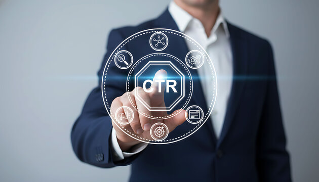 Businessman interacting with a digital interface showing CTR icon concept