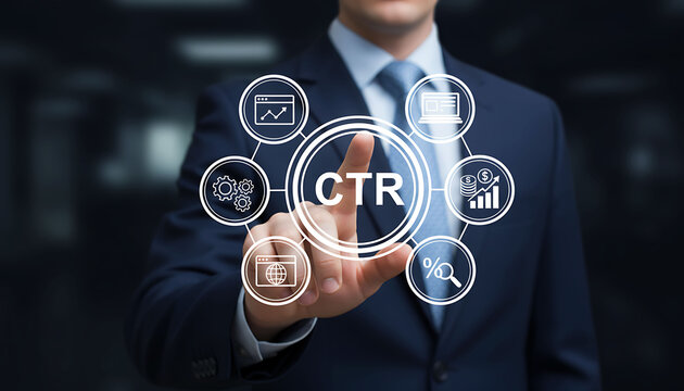 Businessman touching digital CTR icon on screen for online marketing strategy