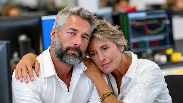 Couple embracing indoors near computer screens