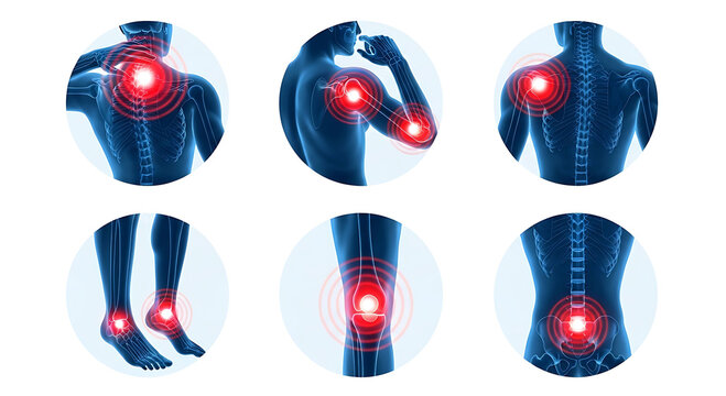 Set of medical illustrations showing joint and body pain points on human anatomy
