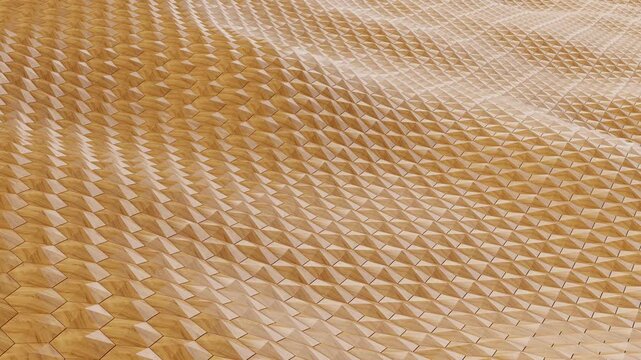 3D seamless loop animation of an abstract geometric wooden background. Hexagonal tiles undulating in a smooth, continuous wave motion. Ideal for modern backdrops and design concepts.